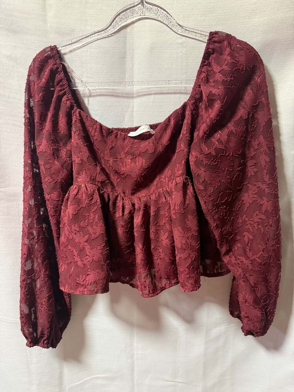 Altar'd State Burgundy Burnout Floral Texture Peplum Long Sleeve Top